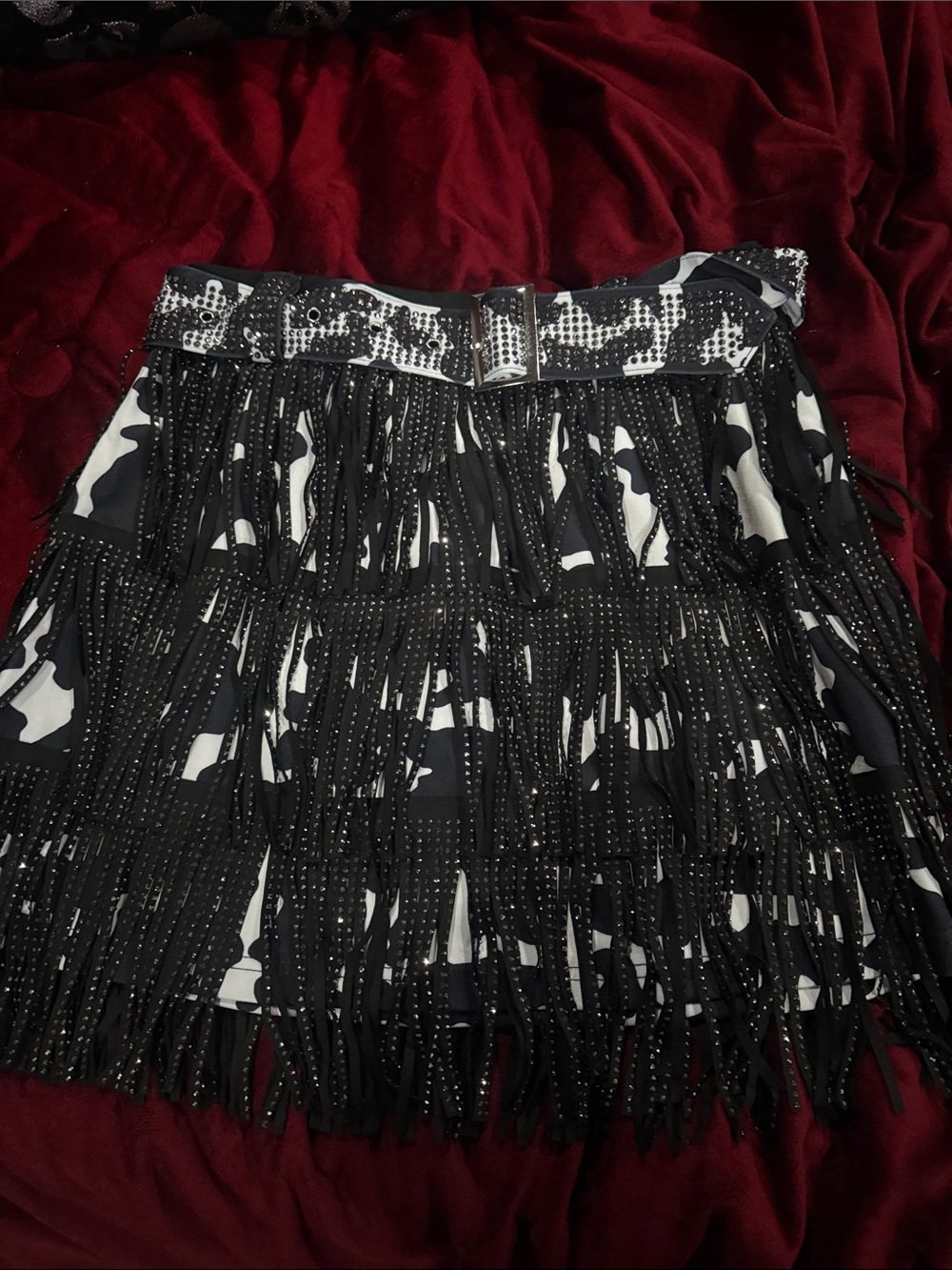 Cow print fringe rhinestone skirt
